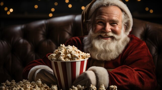 Christmas time Santa Claus in a movie theater - Christmas themed stock photo