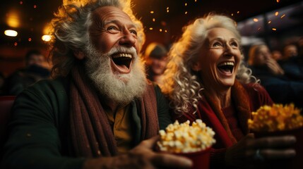 Fototapeta premium Excited Elderly couple in a movie theater - Christmas themed stock photo