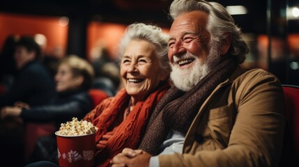 Happy Elderly couple in a movie theater enjoying a film - Christmas themed stock photo