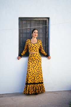 Gracious flamenco lady standing on street in town