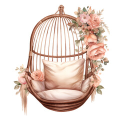 Watercolor wedding hammock with flowers illustration. Generative AI, png image.