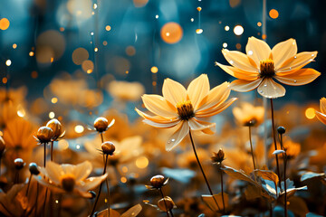 Yellow cosmos flowers blooming in the garden with bokeh background. Generative AI