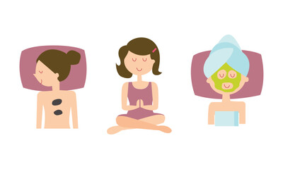 Personaje femenino en el spa. Concepto de meditar. Calma y amor propio. Mujer con autocuidado. 