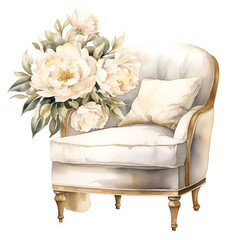 Watercolor chic interior furniture chair illustration. Generative AI, png image.
