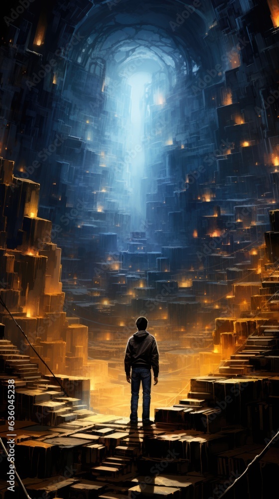 Poster a man standing in front of a large tunnel with a light coming from the top. ai