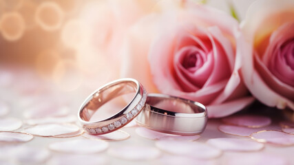 A pair of golden wedding rings and pink roses. Selective focus and shallow depth of field.
