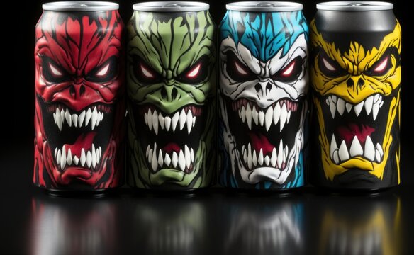 Four cans of monster energy drink with different designs. AI