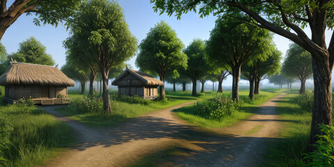 Photorealistic 3D Illustration Old Village Environment In The Forest