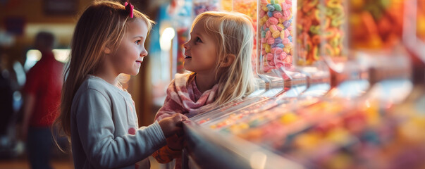 Cute little girl in candy store. Child chooses sweets, variety and abundance