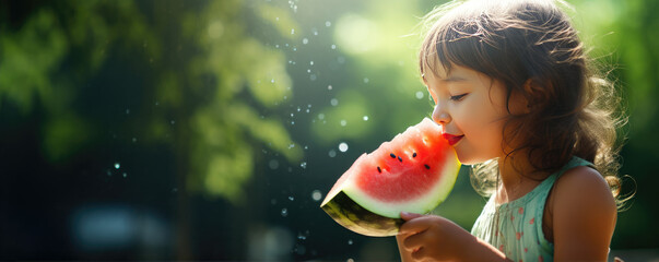 Cute girl is enjoying eating watermelon in sunny summer day