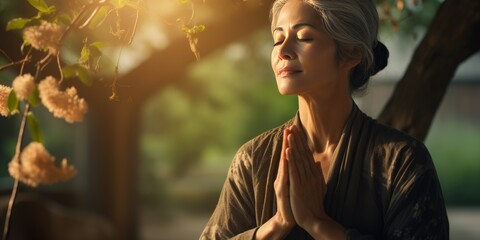 A gray-haired Asian woman in a kimono prays. Generative AI - obrazy, fototapety, plakaty