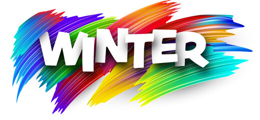 Winter paper word sign with colorful spectrum paint brush strokes over white. Vector illustration.