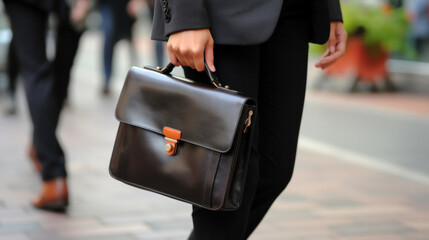 Detail of a businessman holding a leather briefcase. Wide image with large copy space