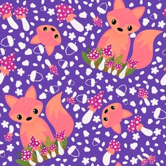 Autumn cartoon animals seamless fox and mushrooms fly agaric pattern for wrapping paper and fabrics and kids