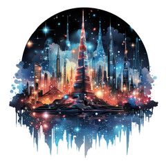  A captivating Christmas lights tree t-shirt design set in a futuristic metropolis, with towering skyscrapers wrapped in LED displays forming the shape of a colossal Christmas tree, Generative Ai