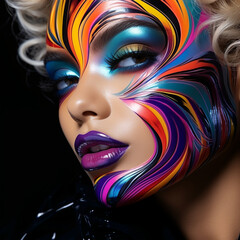 Beautiful face of a woman painted with colored acrylic paint, freedom and lgbt, fashion and podium
