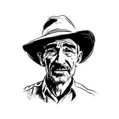 Vector Illustration of a a portrait of a farmer with lines drawing for logo,icon, black and white