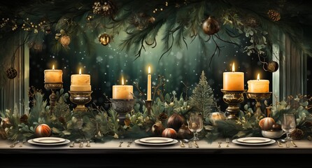 Table setting for a New Year's feast, Glasses and plates for a romantic dinner, a festive atmosphere with garlands and Christmas tree branches. Decor in the Provencal style for the holiday
