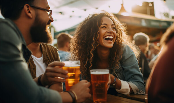 Group of young people having fun and drinking beer on festival