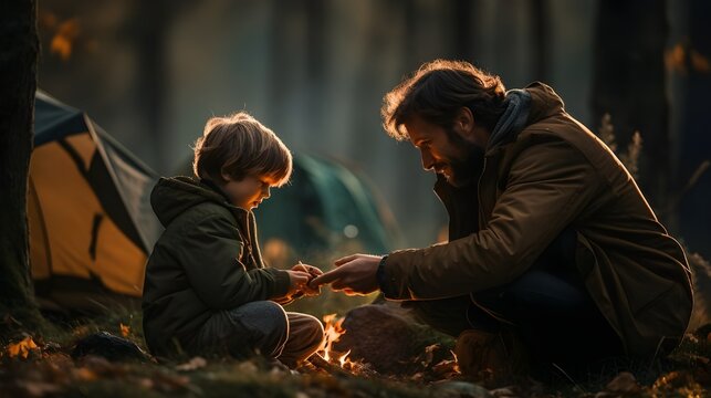 Father and son bonding during forest camping adventure with fireplace