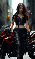 Obraz na płótnie Canvas Portrait of a beautiful girl on a motorcycle, bucker, sports motocross, luxury style, glamour, cool free ride travel , leather latex clothing, lifestyle speed riding, helmet