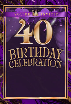 40th Purple and Gold Birthday Party Invitation Template Design