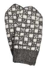 Gray mitten pair flat lay, grey textured woolen mittens pattern, isolated knitted warm wool winter fingerless gloves detail, large detailed vertical vintage texture macro closeup, white background