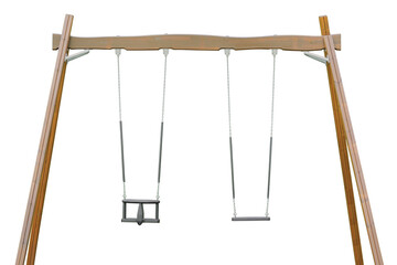 Playground sandbox double seats beam swing set horizontal closeup, large detailed isolated grey seat benches metal chains, plastic safety restraint lap-bars, massive beige taupe tan wooden swings legs - 636050209