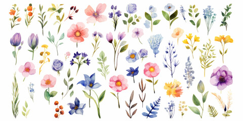 Fototapeta na wymiar Watercolor flowers set for illustration. Minimalist illustrator. Flowers collection. On white background.