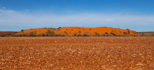 A red sand dune rising above a gibber or stony plain in the Stony Desert in central Australia - obrazy, fototapety, plakaty