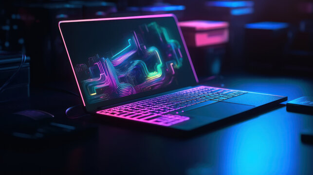 Futuristic illustration about computer technology with a laptop in neon colors. For cover backgrounds, wallpapers and other modern projects.