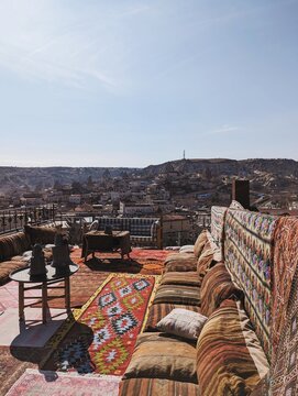 Outdoor patio with cushions and rugs