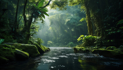 A Pristine River Meanders Through Lush Jungle - obrazy, fototapety, plakaty