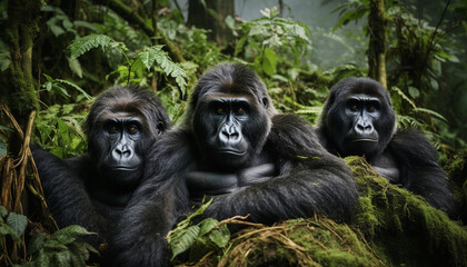 Obraz premium A Troop of Mountains Gorillas Sits in the Jungles of Rwanda