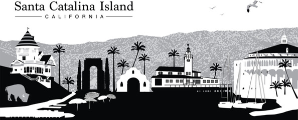 Vector Illustration of the Skyline/Cityscape of Avalon, Main City of Santa Catalina Island, California