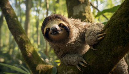 An Inquisitive Sloth Peers Over A Tree Branch In Remote Jungle 