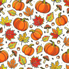 Autumn vibes - seamless pattern of cute pumpkins, fresh mushrooms and colorful fallen leaves