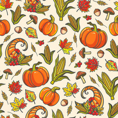 Autumn vibes - seamless pattern of reach fresh harvest, cornucopia, mushrooms and fallen leaves