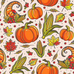 Autumn vibes - seamless pattern of reach fresh harvest, cornucopia, mushrooms and fallen leaves