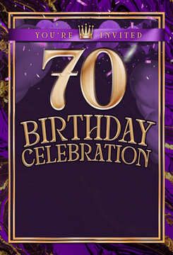 70th Purple and Gold Birthday Party Invitation Template Design