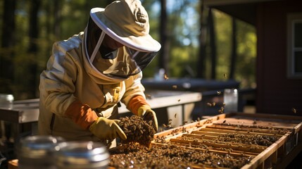 
A beekeeper in a protective net near the apiary pumps out honey for sale. Extraction of bee products from the hive. Sweet food produced by bees, natural product.