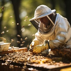 
A beekeeper in a protective net near the apiary pumps out honey for sale. Extraction of bee products from the hive. Sweet food produced by bees, natural product.