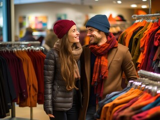 Fototapeta na wymiar Fotografía de una pareja comprando ropa otoñal, con coloridos pañuelos y sombreros difuminados en el fondo.