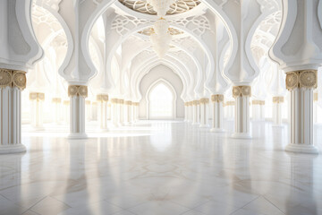 Fototapeta na wymiar White Golden Luxury Palace Mosque Interior with Sunny Windows and Columns.