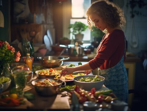 Fotograf&iacute;a de una mujer preparando una comida c&aacute;lida, con ingredientes y utensilios difuminados en el fondo.