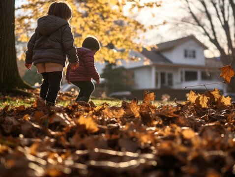Fotografía destacando a dos niños jugando en un montón de hojas caídas, con las figuras de los padres suavemente desenfocadas a lo lejos.