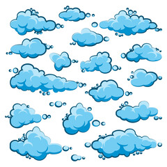 Painted cartoon clouds on blue background. Simple hand drawn round cloud, summer sky panorama, cloudscape. Flat design. Vector illustration