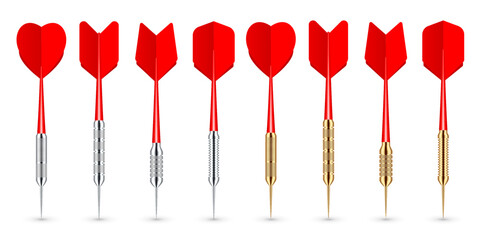 Red dart arrows with metal tip and shadow. Dart throwing sport game, dartboard equipment. Vector illustration