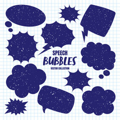 Naklejka premium Hand drawn comic speech bubbles on checkered paper sheet. School notebook for drawing. Grunge retro cartoon stickers. Chatting, message box. Vector illustration