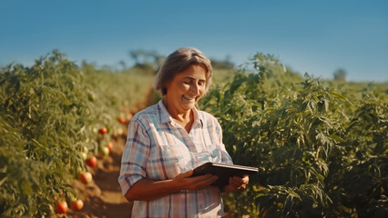 Elderly woman using a digital tablet amidst ripe tomato plants, showcasing the blend of traditional farming with modern technology. Concept of modern smart farming, agricultural monitoring technology